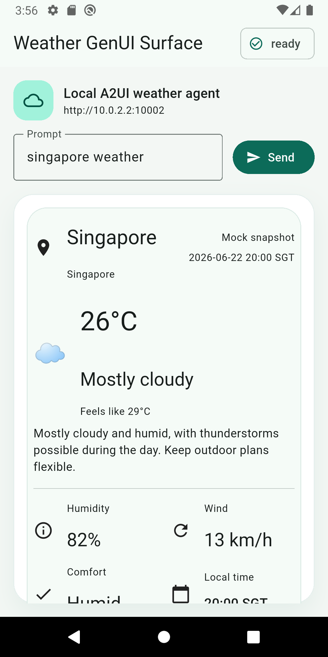 A2UI Flutter Singapore weather demo