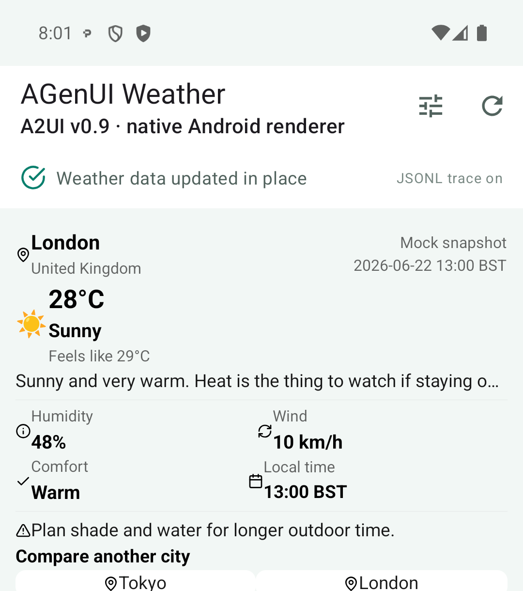 AGenUI Android 原地更新 London 天氣資料