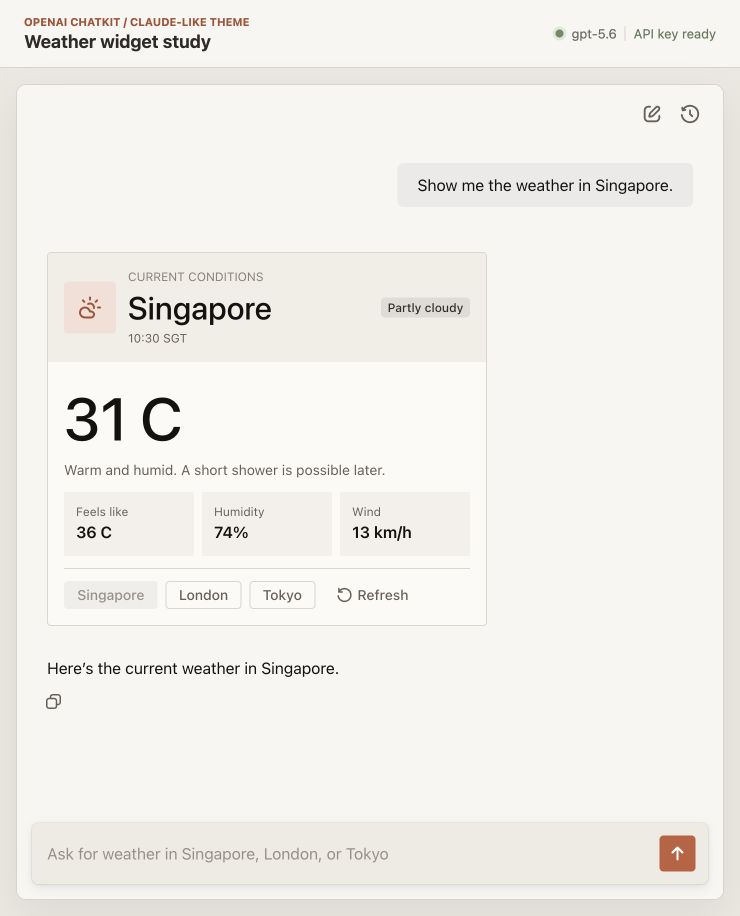 以 ChatKit Theme 和 Widget Template 製作的 Claude-like 天氣卡片