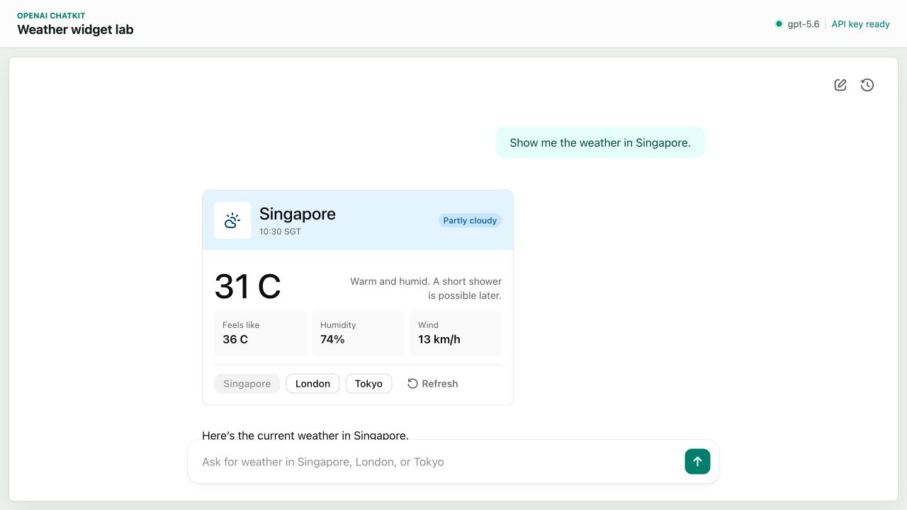 ChatKit 中由真實模型觸發的 Singapore 天氣卡片