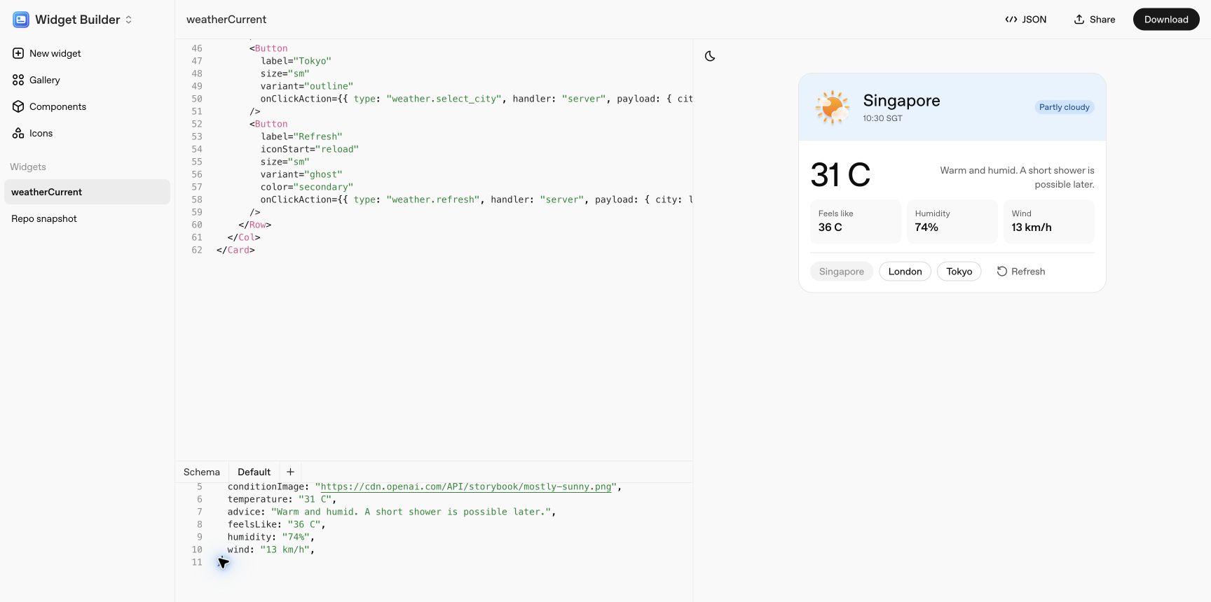 在 Widget Builder 中修改 Singapore 天氣卡片
