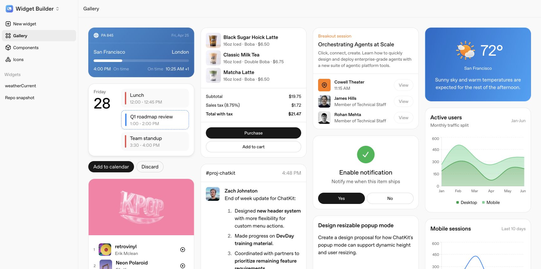 ChatKit Widget Gallery 中的業務卡片、表單和圖表