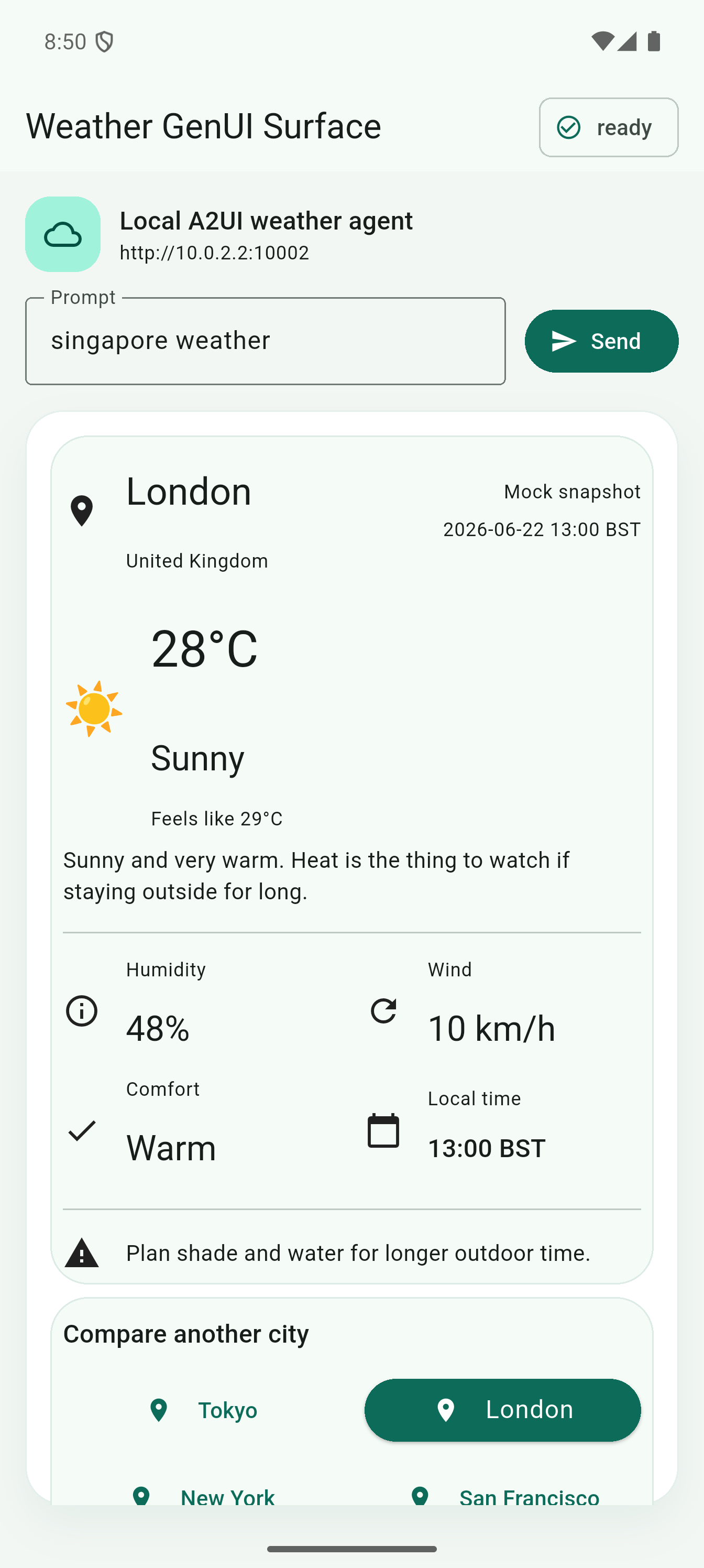 Flutter GenUI weather card demo