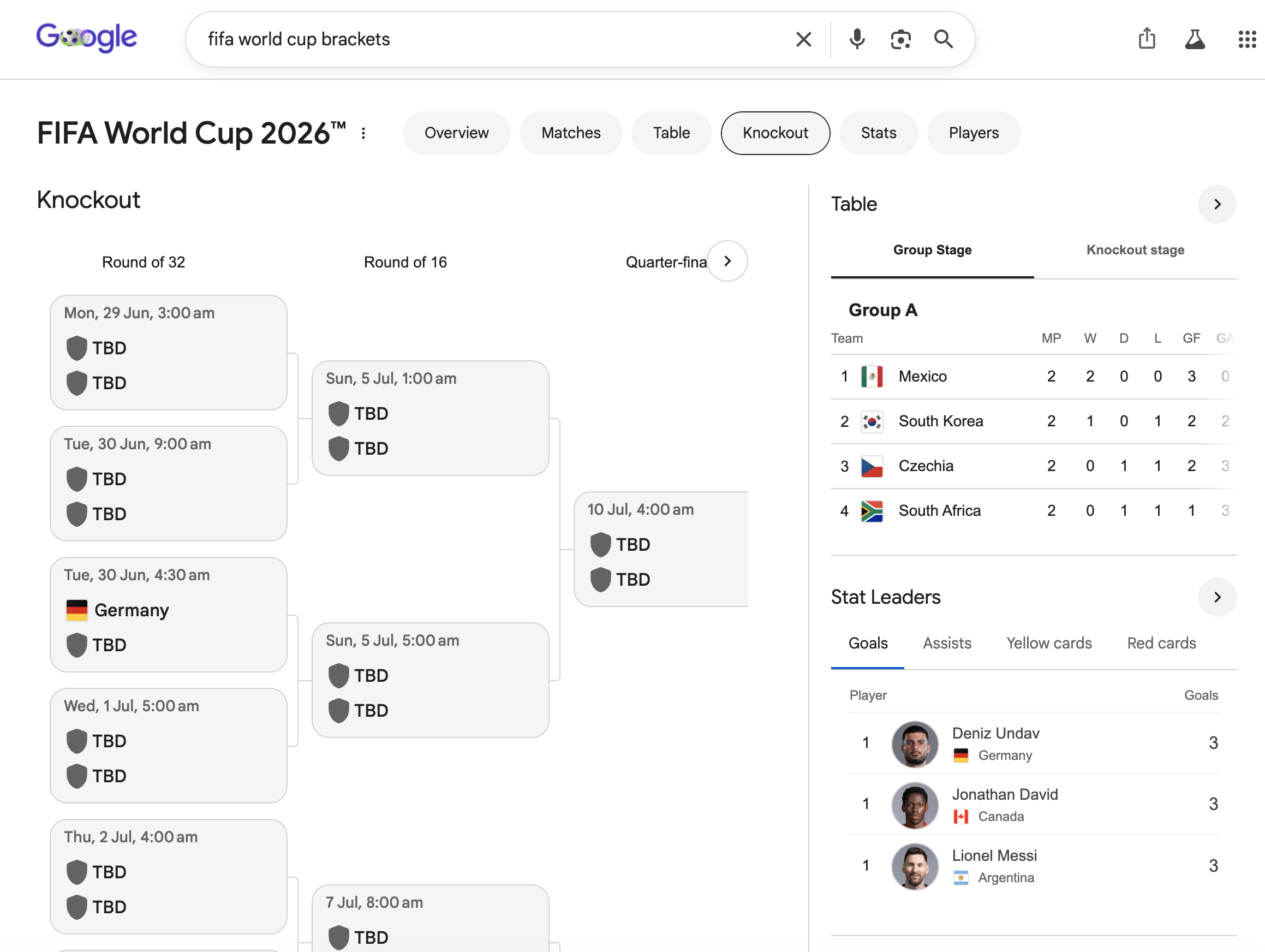Google Search World Cup results page with structured sports UI