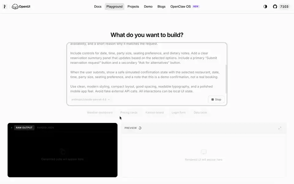 OpenUI Playground running the restaurant booking scenario in 2x speed